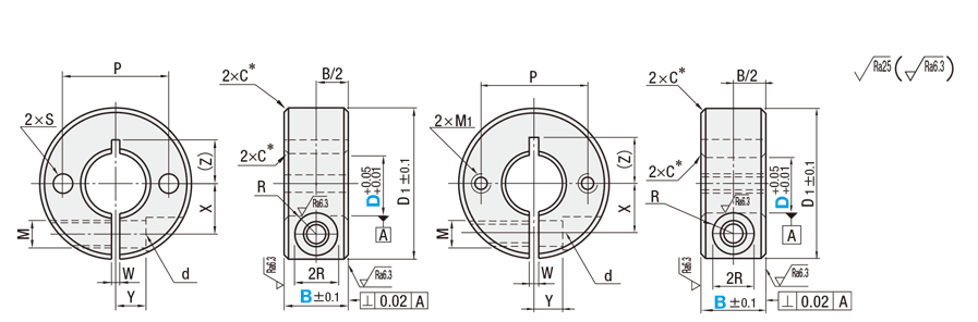 Shaft Collar - Clamp, 2-Hole/2-Tapped, Dimensional Drawing