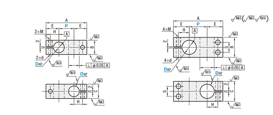 Strut Clamps - Equal Dia., Perpendicular Configuration, Hole Pitch Selectable, Dimensional Drawing