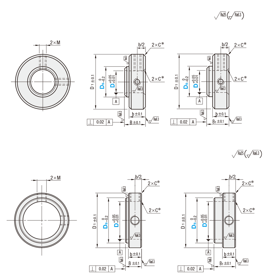 Shaft Collar - For Bearing Mounting, Set Screw, Compact, Dimensional Drawing