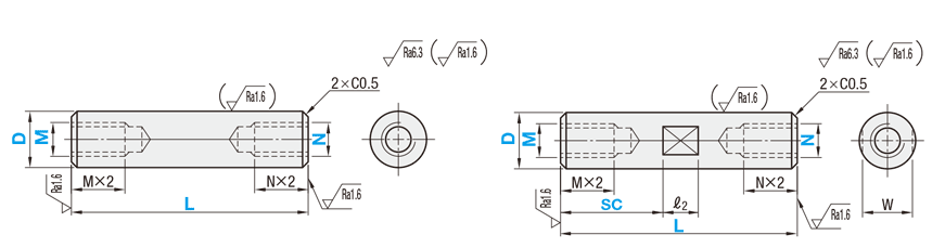 Rotary Shaft - Both Ends Tapped Dimensional Drawing 1